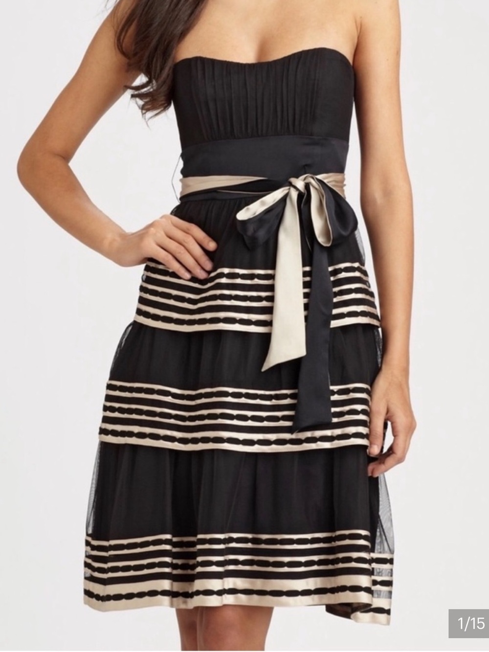 BCBGMAXAZRIA Black & Vapor Ribbon Tiered Strapless Cocktail Dress Sz 6 NWT